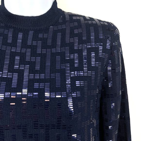 St. John Evening Geometric Greek Key Pattern Navy Sequin Long Sleeved Dress 8 - Picture 2 of 9